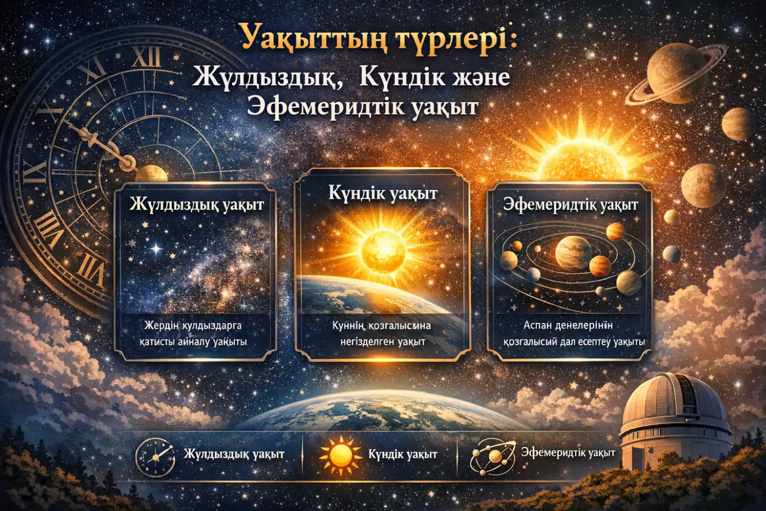 Уақыттың түрлері: жұлдыздық, күндік және эфемеридтік уақыт