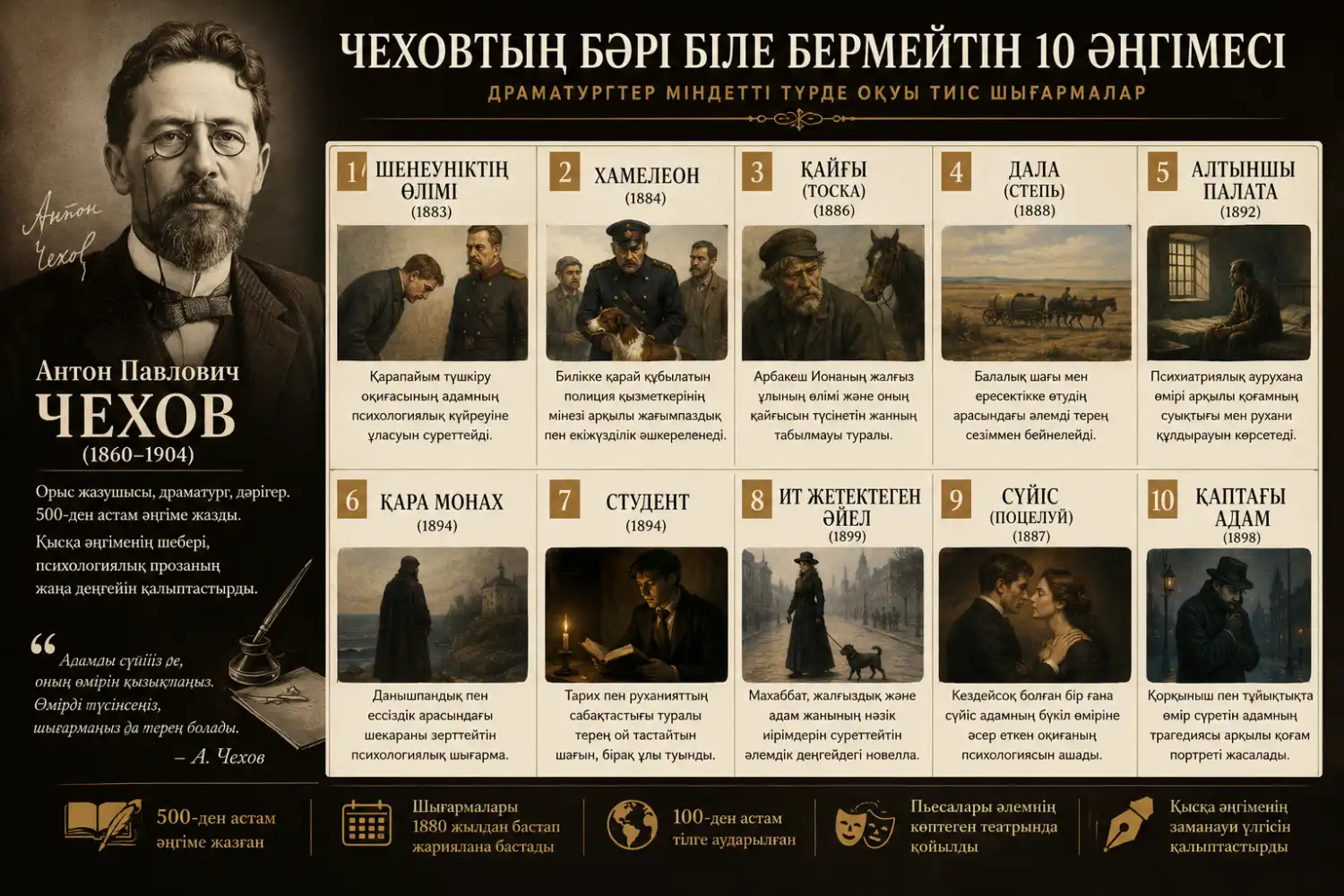 Чеховтың бәрі біле бермейтін 10 әңгімесі: драматургтер міндетті түрде оқуы тиіс шығармалар